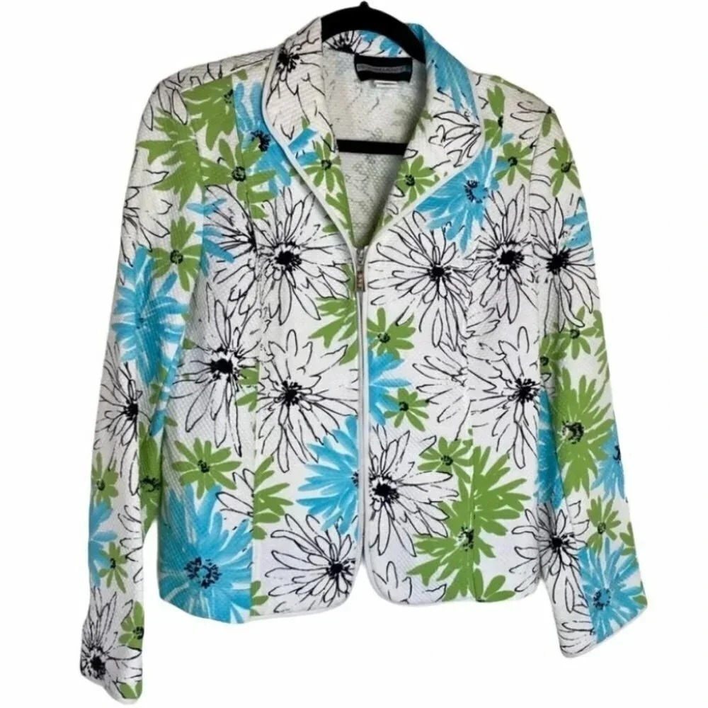 Requirements Zip Up Jacket 12 White Blue Green Floral Daisy Textured Collared